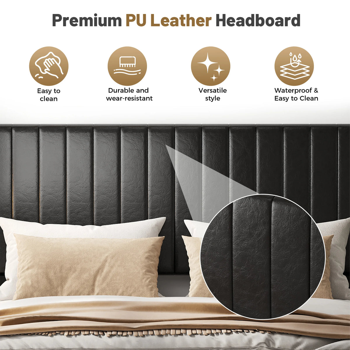 MCQ Wooden Bed Frame with PU Leather Wingback Headboard No Box Spring Needed with Sturdy Wooden Slats Support Upholstered Mattress Foundation For Home Bedroom