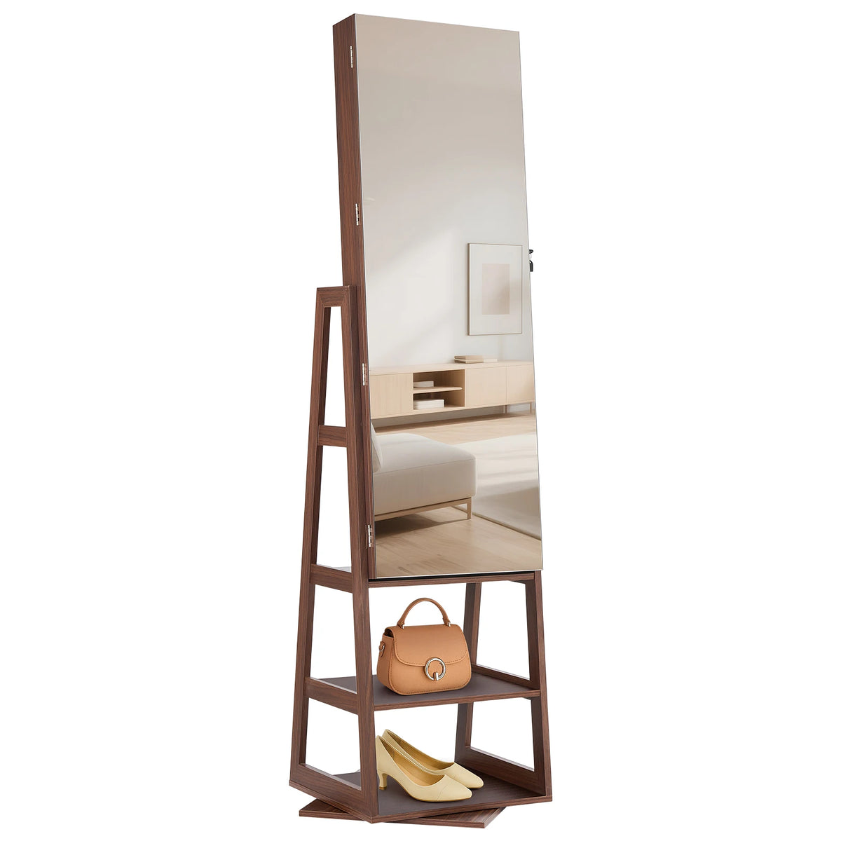 SucceBuy 360° Swivel Jewelry Cabinet 61/63" Tall Full-Length Mirror Lockable Rotatable Armoire Organizer Shelves Pouches 2 Keys