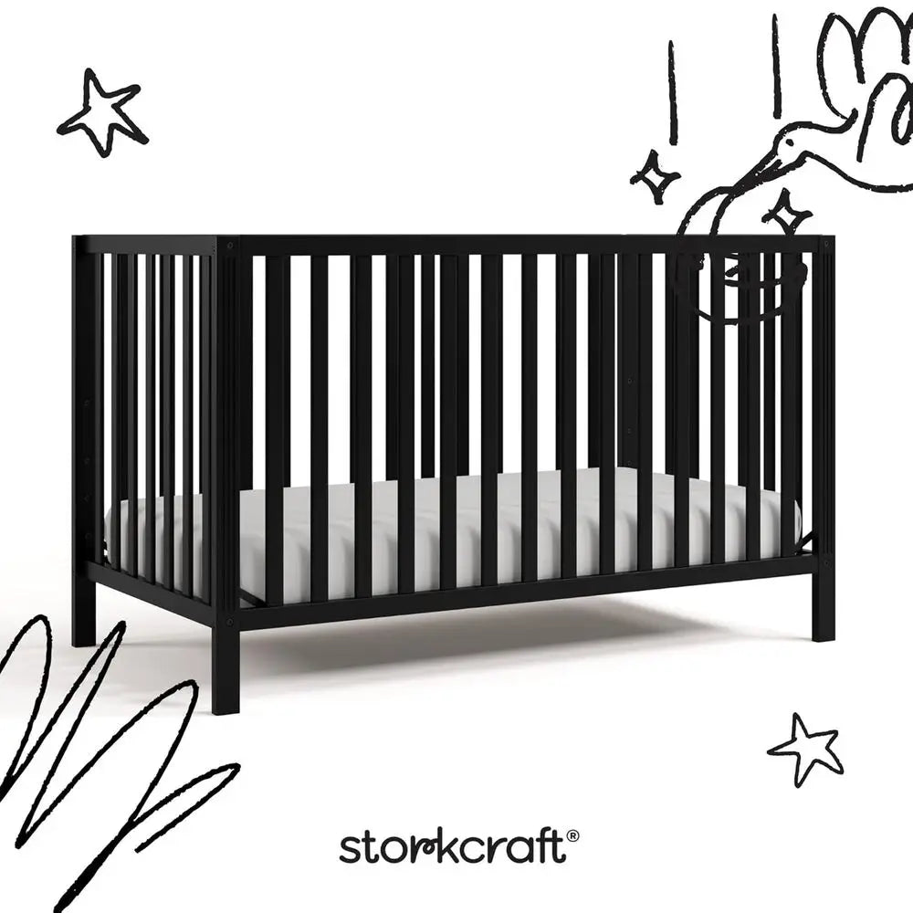 5-in-1 Black Convertible Crib with GREENGUARD Gold Certification, Stand Crib Mattress, Converts to Toddler Bed, Daybed, Full Bed
