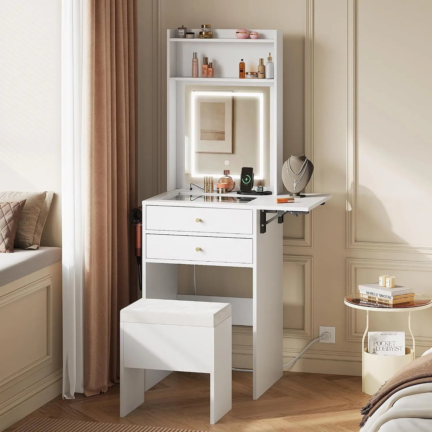 Small Black Vanity Desk with Mirror and Lights, Compact Makeup Vanity Set with Fold-up Panel and Chair, Dressing, Customized