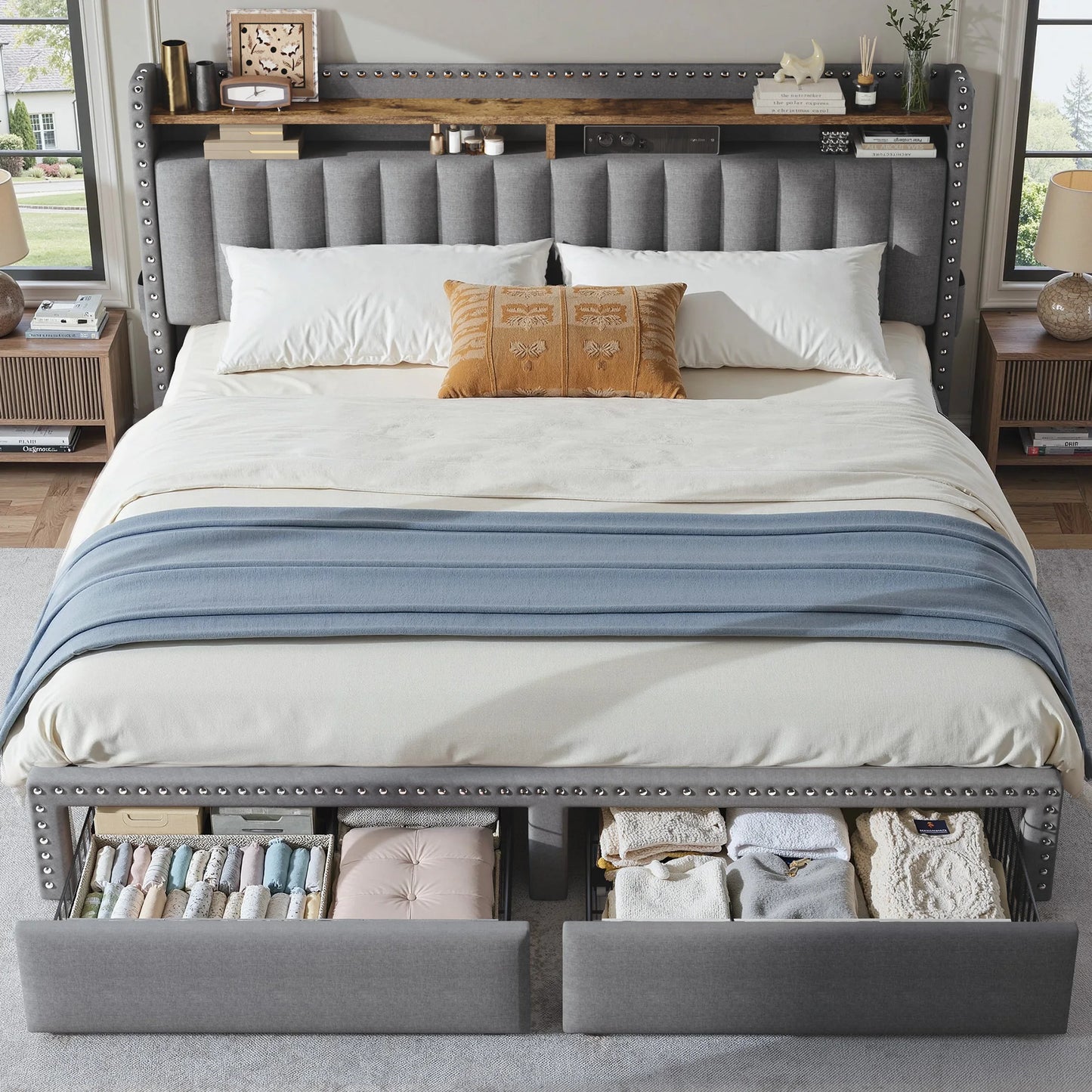 Upholstered Platform Bed Frame With Storage Headboard And Drawers