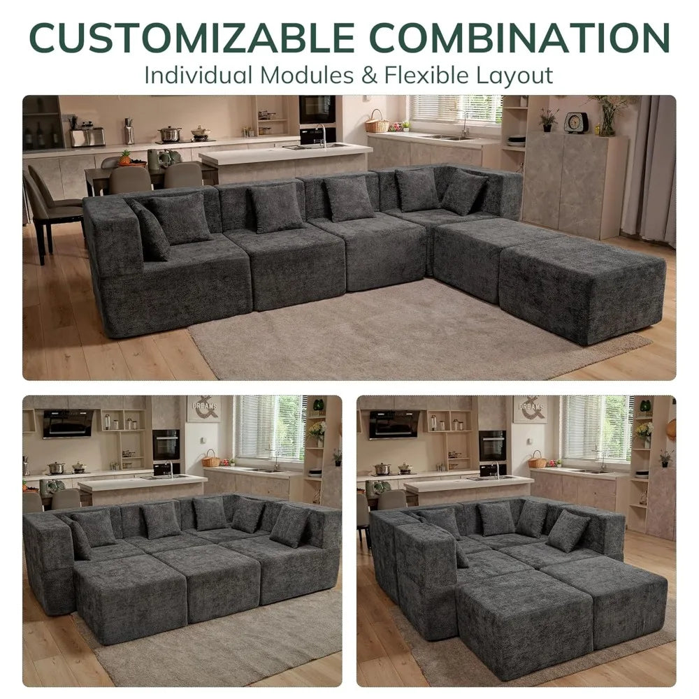 Modular Sectional Cloud Couch for Living Room - 130'' 6 Seater Convertible Chenille Couches Set with Ottoman, No, Customized