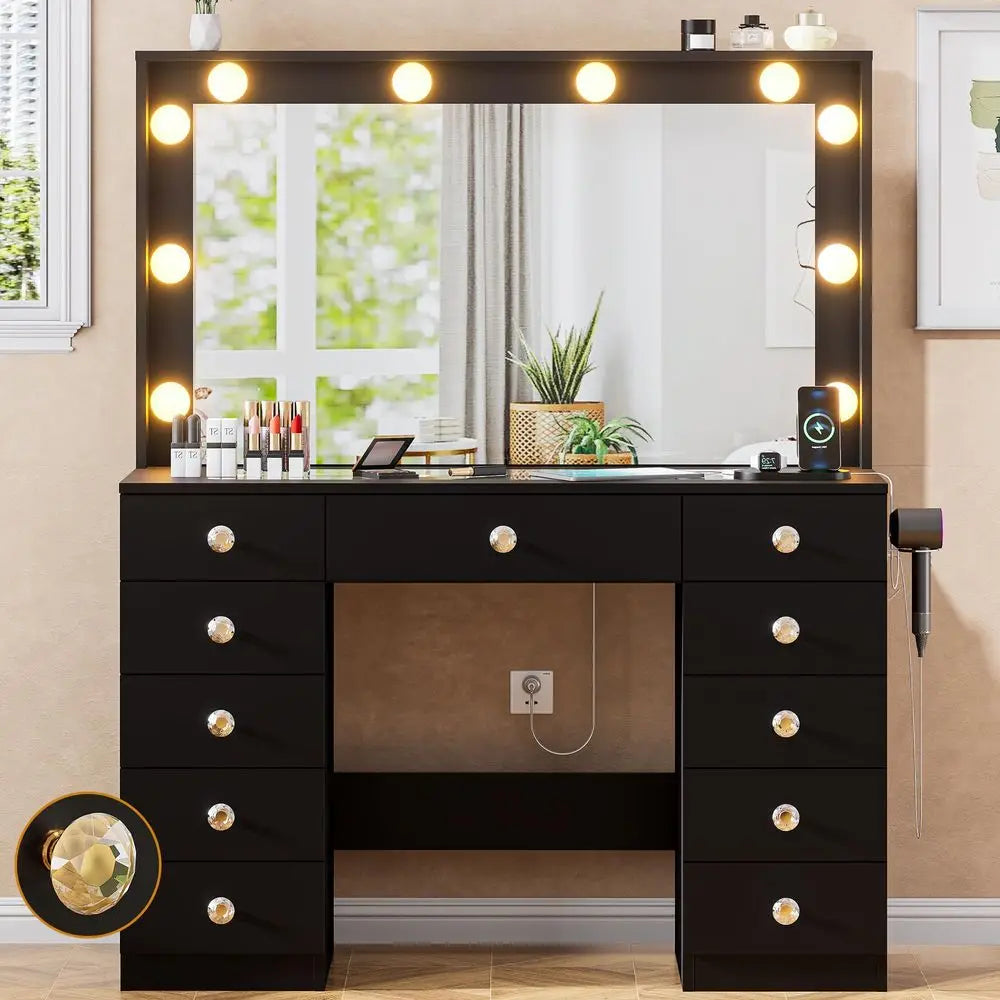 42.1 Vanity with Large Mirror and 10 LED Lights, Vanity Desk with Glasstop, 11 Drawers with Crystal Handles, Dressing Table wit