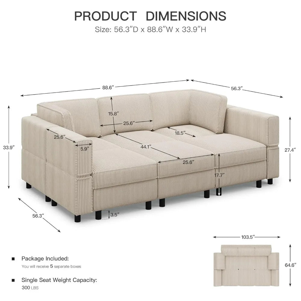 Modular Sectional Sofa with Deep Storage Seat, Corduroy Convertible 6 Seat Sleeper, Comfy Living Room Furniture, 88.6", Custom