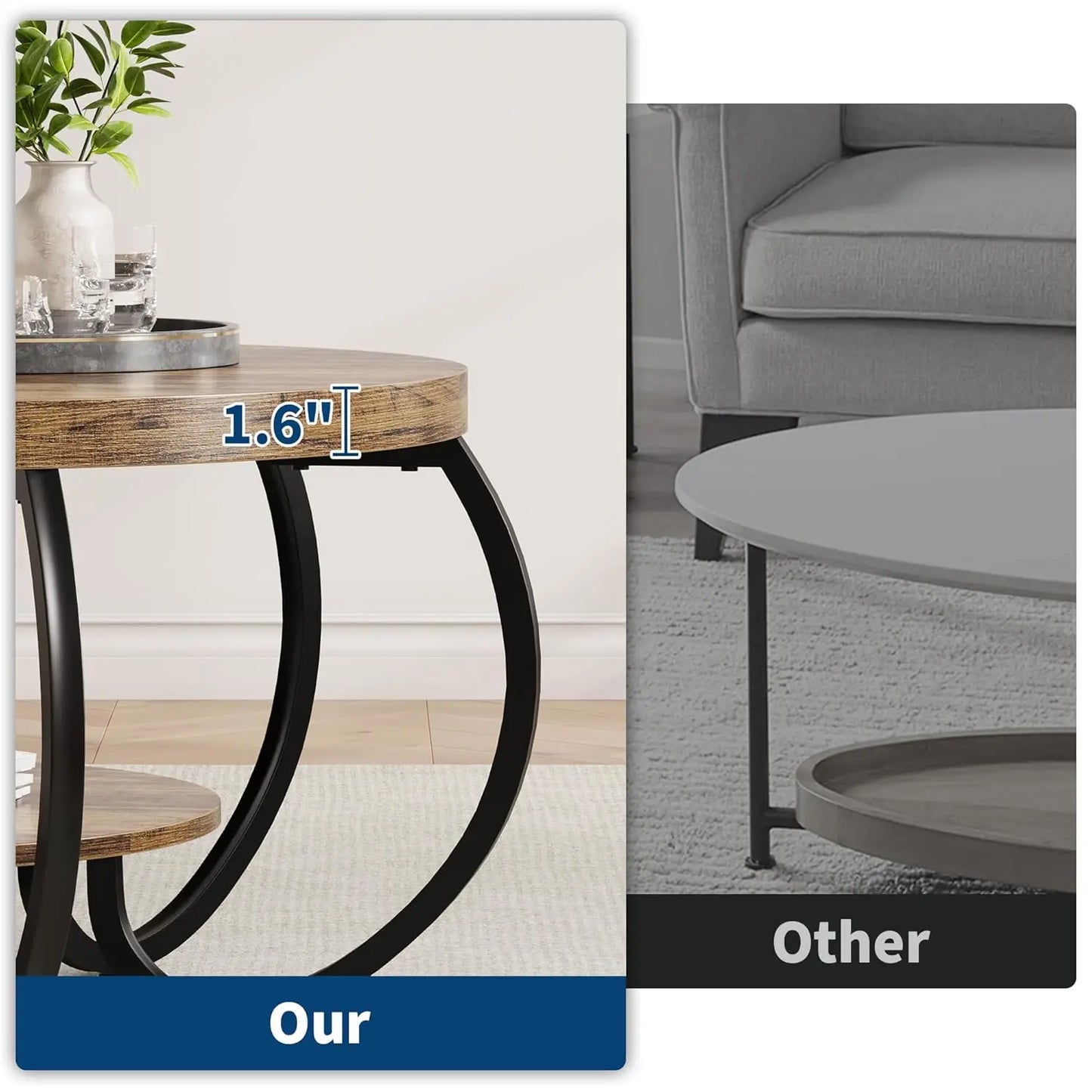 Round Coffee Table 30 in Center Table, 2-Tier Coffee Table Industrial Center Tables with Adjustable Feet, Living, Customized