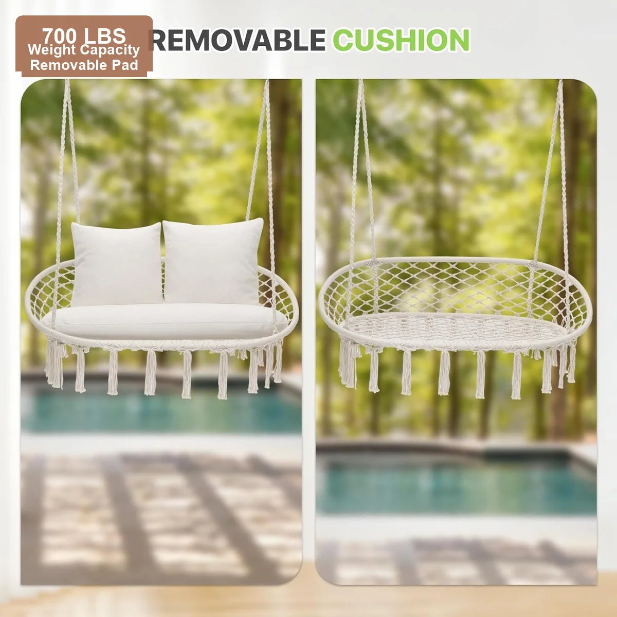 Macrame Hanging Hammock Swing Chair 2 Person Beige Cotton Rope 51x25 700 lbs with 3 Cushions Hardware Kit Indoor Outdoor