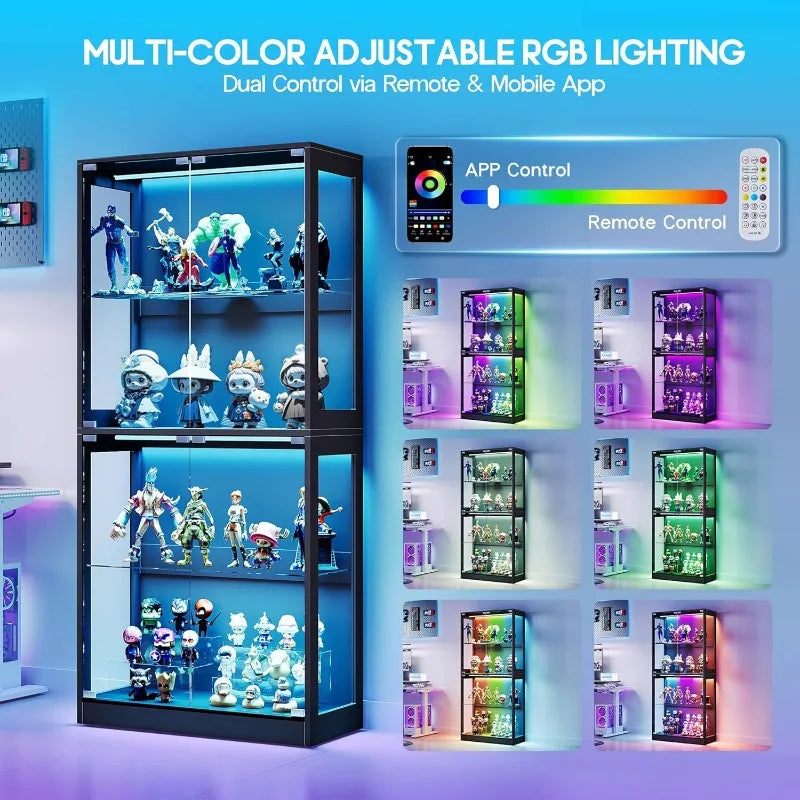 RGB Display Cabinet with Adjustable Glass Shelves, 4-Tier Storage Case with LED Lights & Press-to-Open Doors, Modern Di