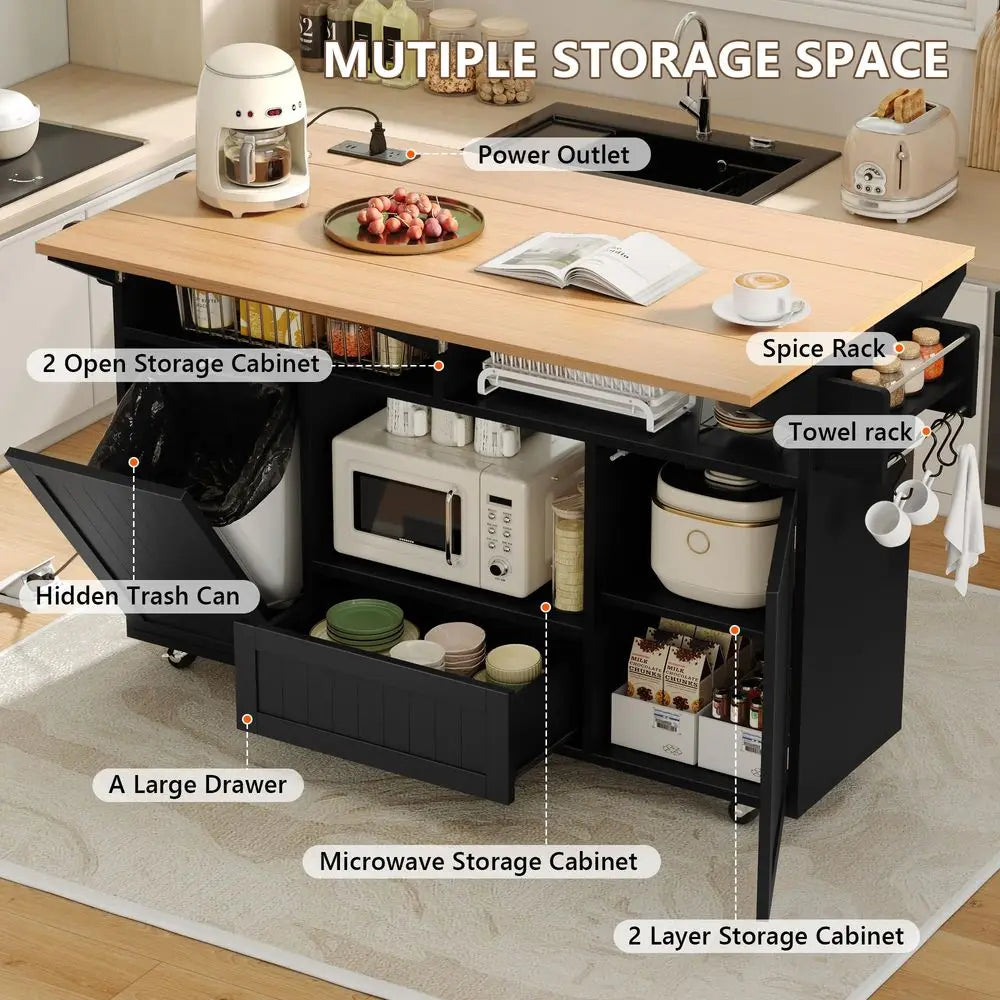 65 Kitchen Island with Power Outlet amp Drop Leaf, Island Table for Kitchen with Trash Can Storage, Mobile Rolling Kitchen Isla