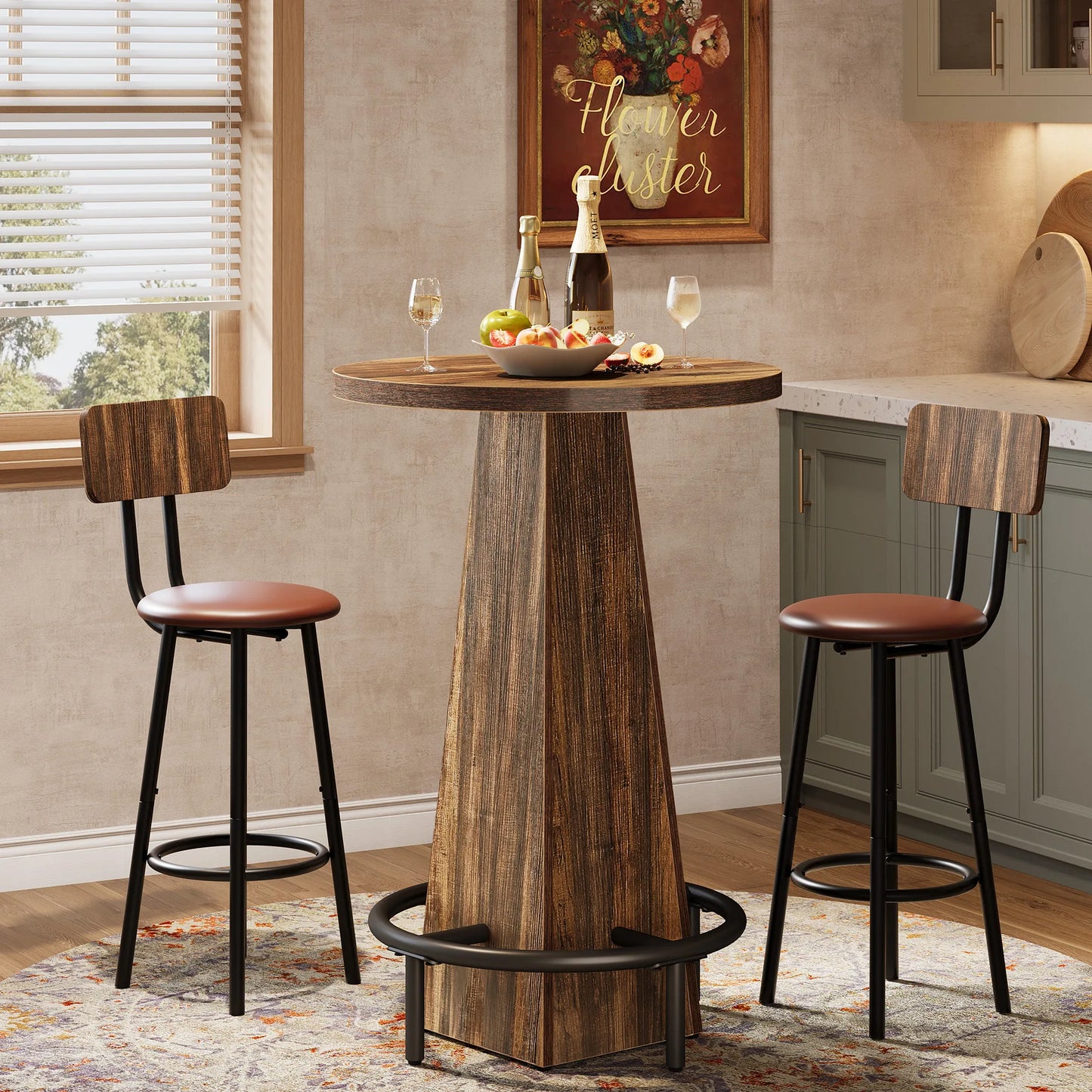Tribesigns Round Bar Table, 37.4" High Pub Table with Metal Footrest, Drink Bar Station for Small Bars, Dining Room, Kitchen, Brown (Only Table)