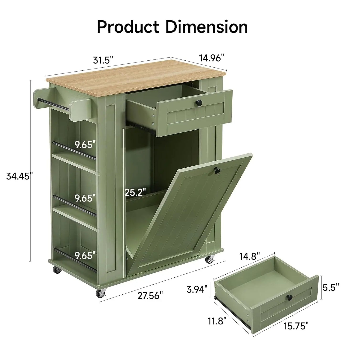 35" Kitchen Island with Trash Cabinet & Power Outlet, Rolling Cart with Drawer, 6-Tier Spice Rack, Portable Sideboard for Dining