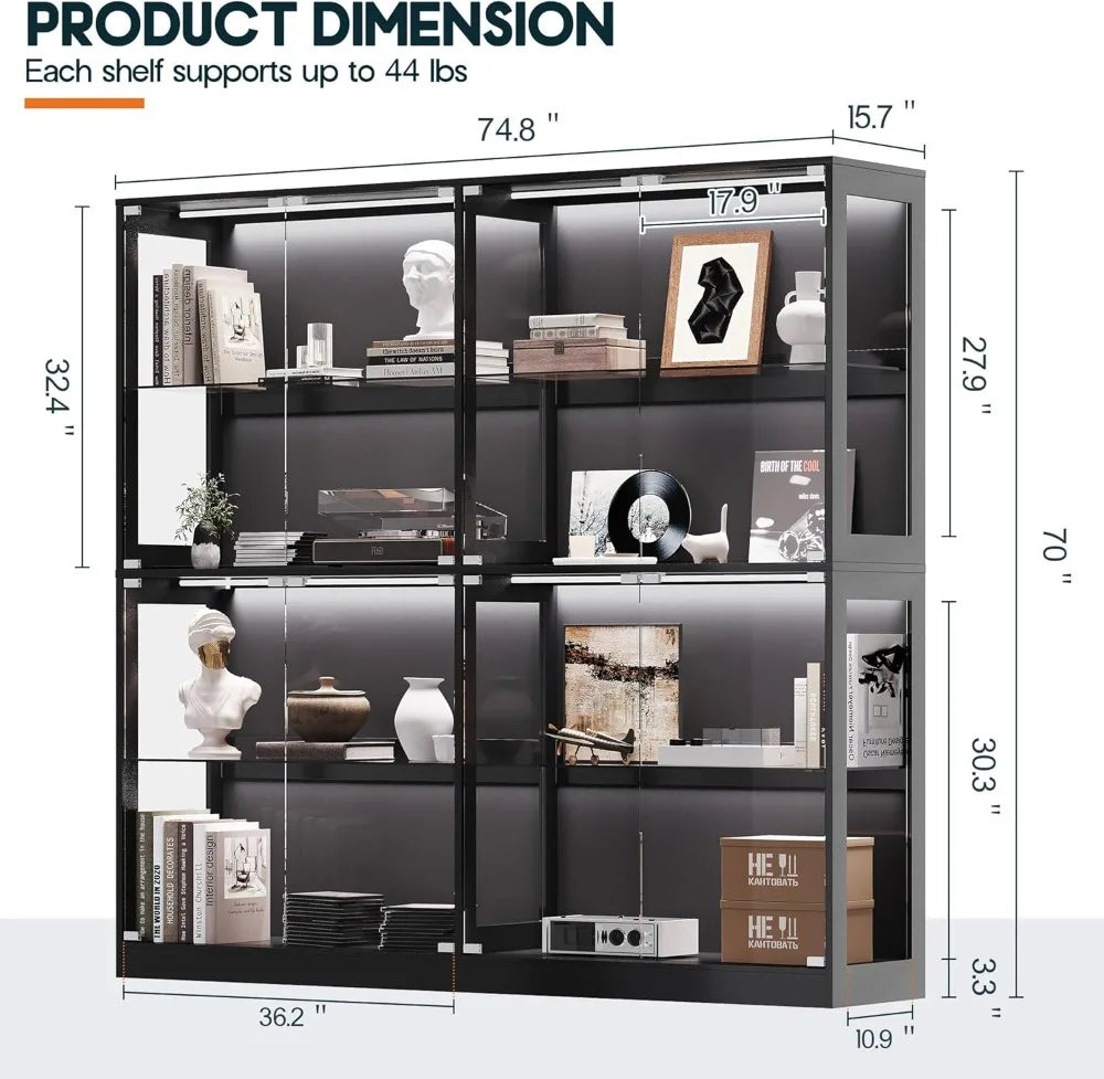 RGB Display Cabinet 4-Tier Glass Shelf LED Light Press-to-Open Door Black 70"H