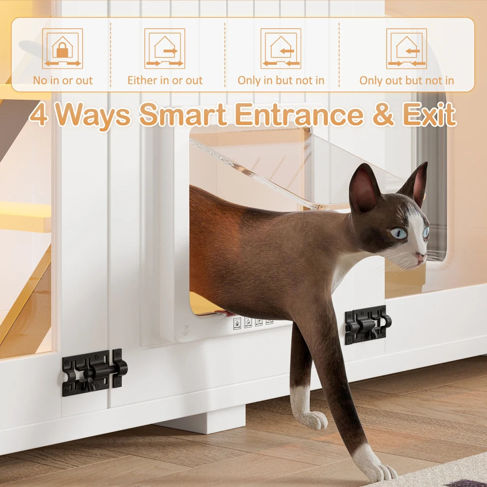 Large Cat Litter Box Enclosure with LED Light, Hidden Litter Box Furniture, Cat House with Stairs and Cat Scratching Post