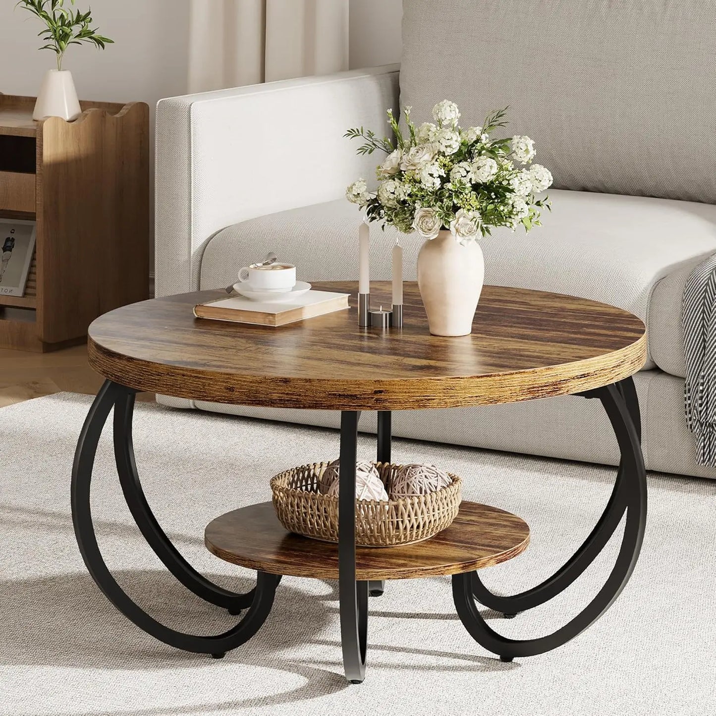 Round Coffee Table 30 in Center Table, 2-Tier Coffee Table Industrial Center Tables with Adjustable Feet, Living, Customized