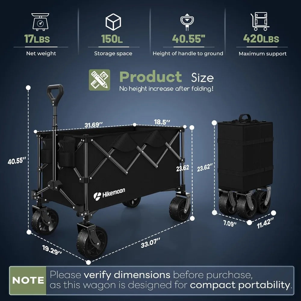 150L Collapsible Wagon, 420LBS Heavy Duty Folding Cart with All-Terrain Wheels, Portable Utility for Grocery, Shopping, Garden, Camping, Black