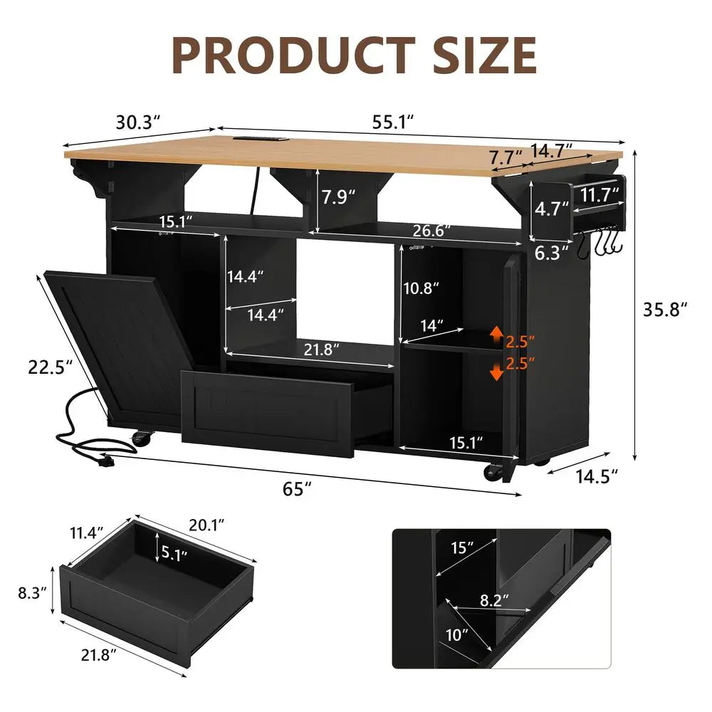 65 Kitchen Island with Power Outlet amp Drop Leaf, Island Table for Kitchen with Trash Can Storage, Mobile Rolling Kitchen Isla