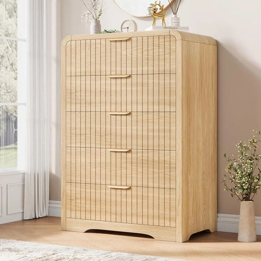 5 Drawer Tall Dresser with Curved Profile Design, Suitable for Bedroom, Natural Oak Finish