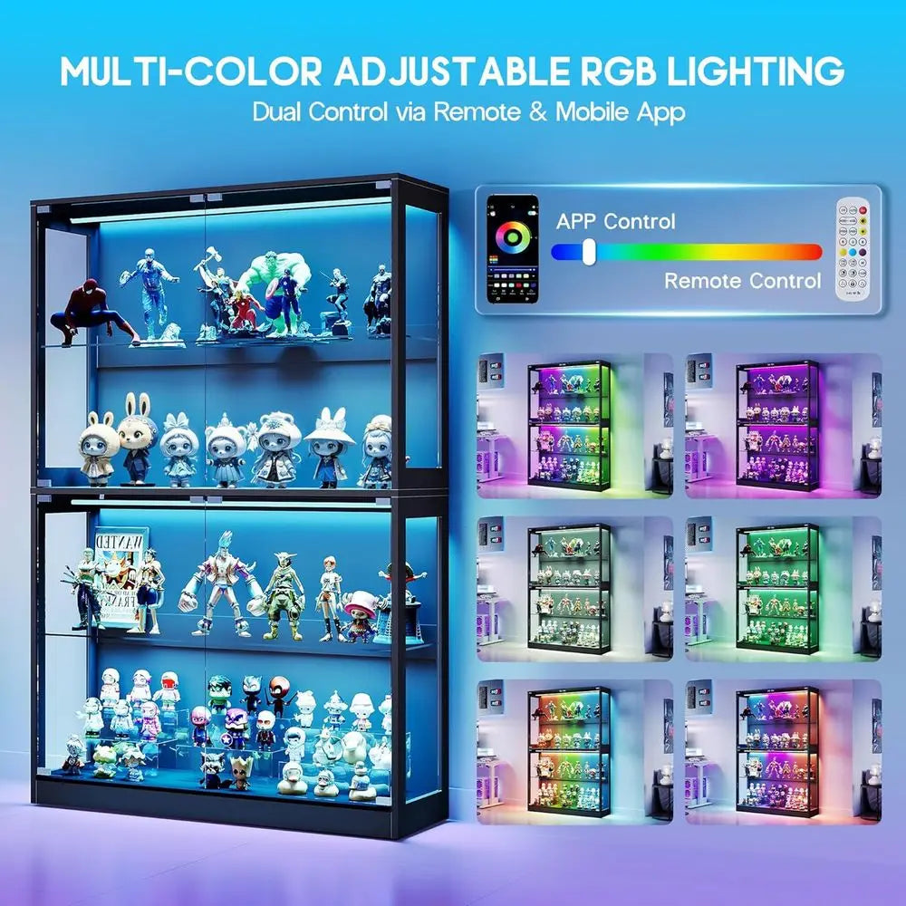 4-Tier LED-Illuminated Glass Display Cabinet with Adjustable Shelves for Collectibles, Black, 70H x 45L x 16D