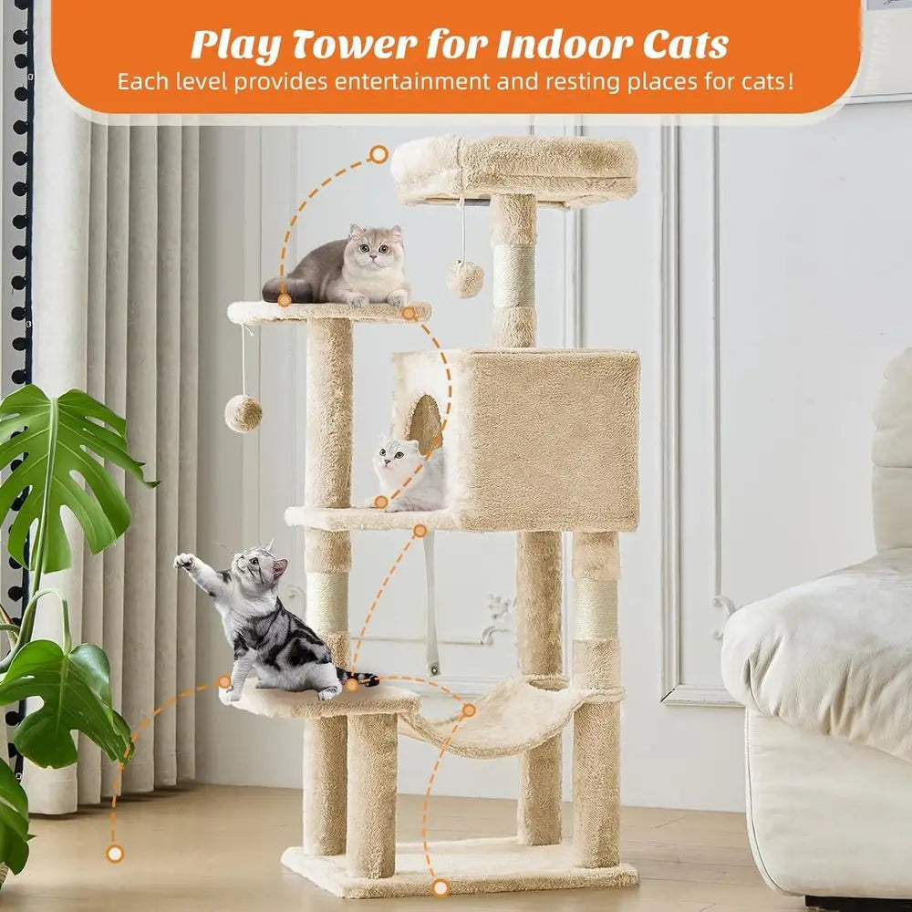 44 Inch Cat Tree Tower, Cat Climbing Tower with Natural Sisal Scratching Posts, Hammock, Pet Condo for Indoor Cats and Kittens P