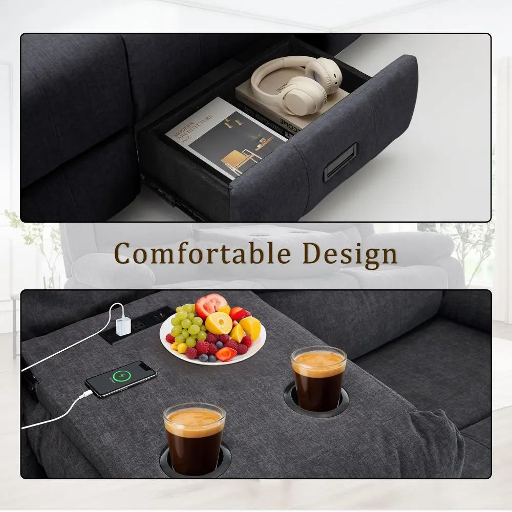 Recliner Sofa, Reclining Loveseat with Console, Oversized Reclining Couch with Drop Down Table, 3Seater Sofa with Cup Holder an