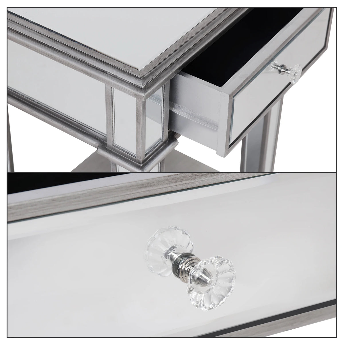 Mirrored Modern Nightstand With Drawer Glass Bedside Table