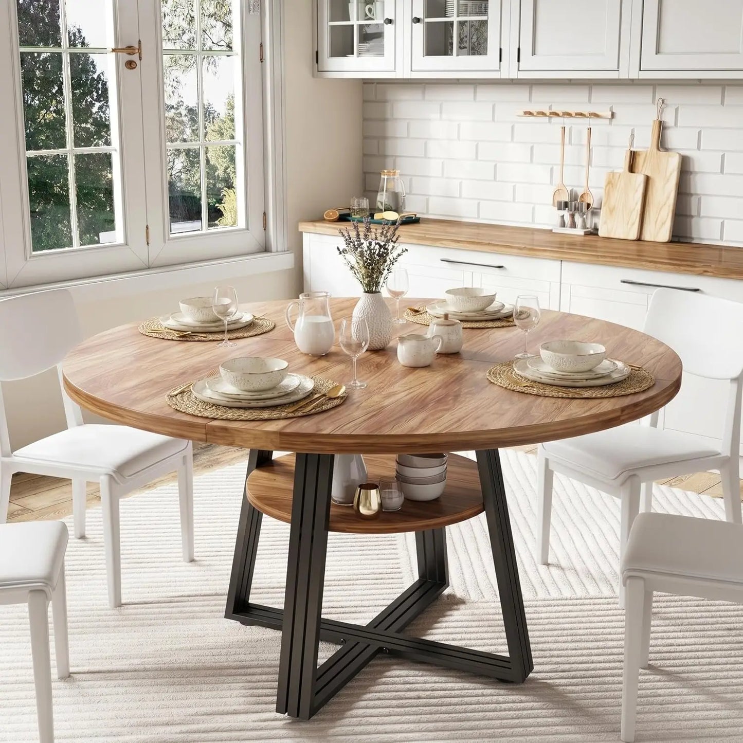 HobbyLane Farmhouse Round Dining Table With Open Storage Shelf