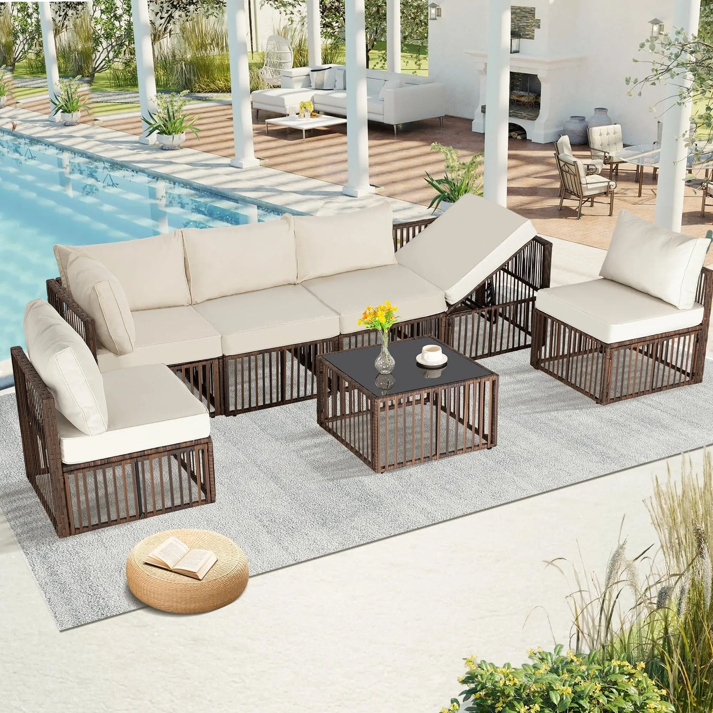 Seven Piece Outdoor Patio Wicker Sectional Rattan Sofa Set