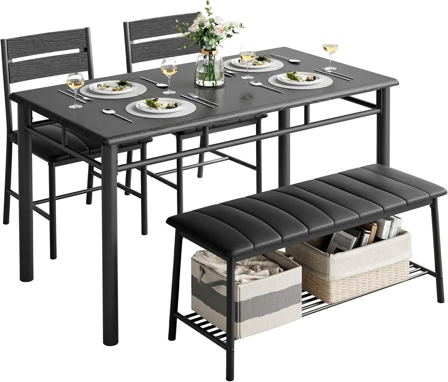 IRONCK Dining Table Set With Upholstered Bench And Two Chairs