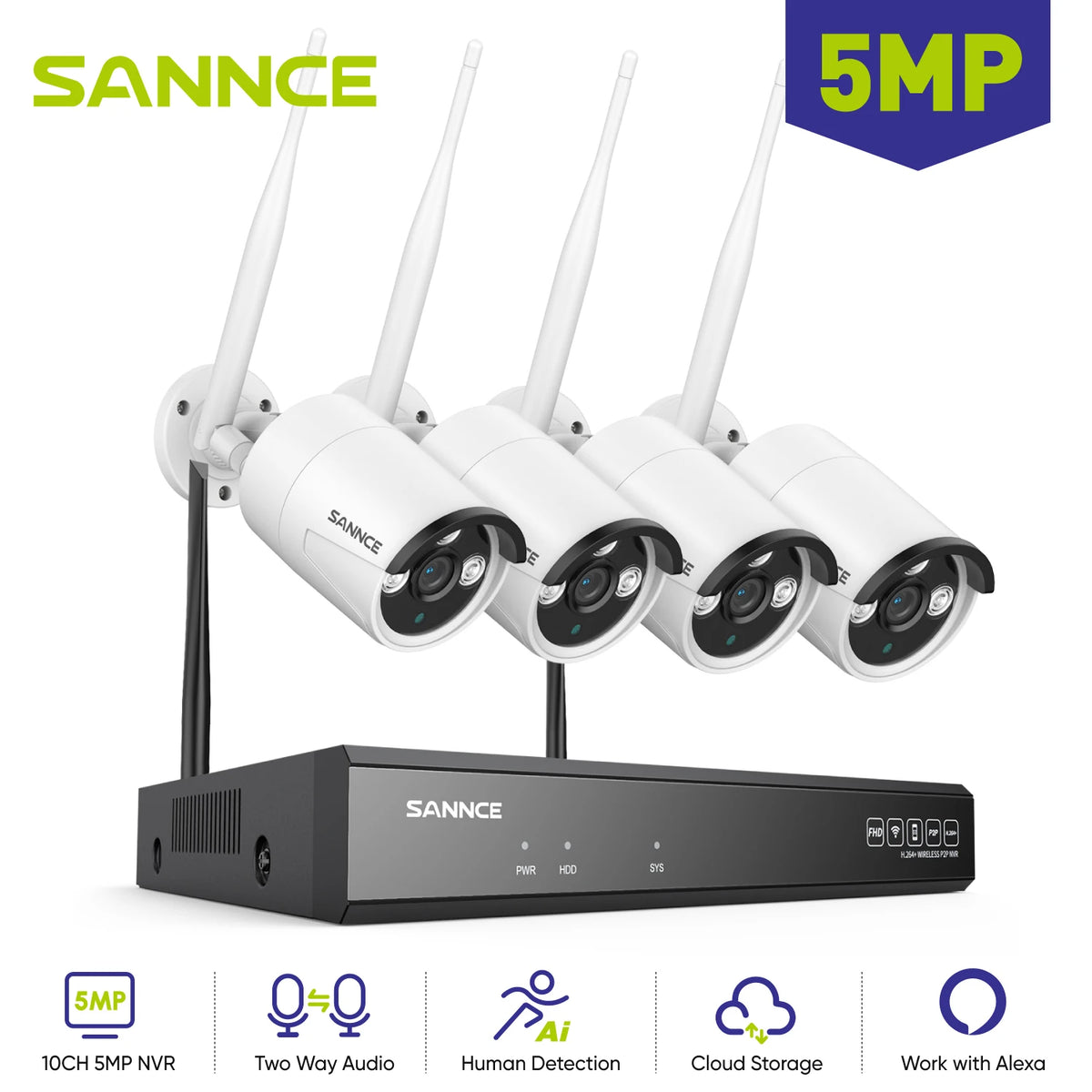 SANNCE 10CH 5MP Wireless Security System With 4 Outdoor Cameras