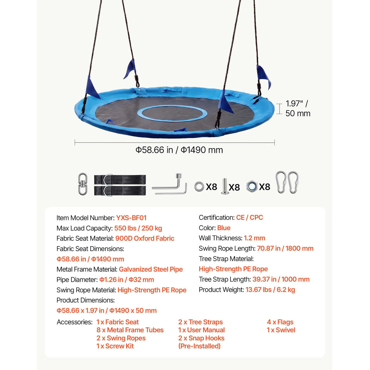 SucceBuy Tree Swing, 40In Saucer Swing 750lbs Capacity 900D Oxford Fabric Swing Seat with 2 Hanging Straps for Kids Outdoor Blue