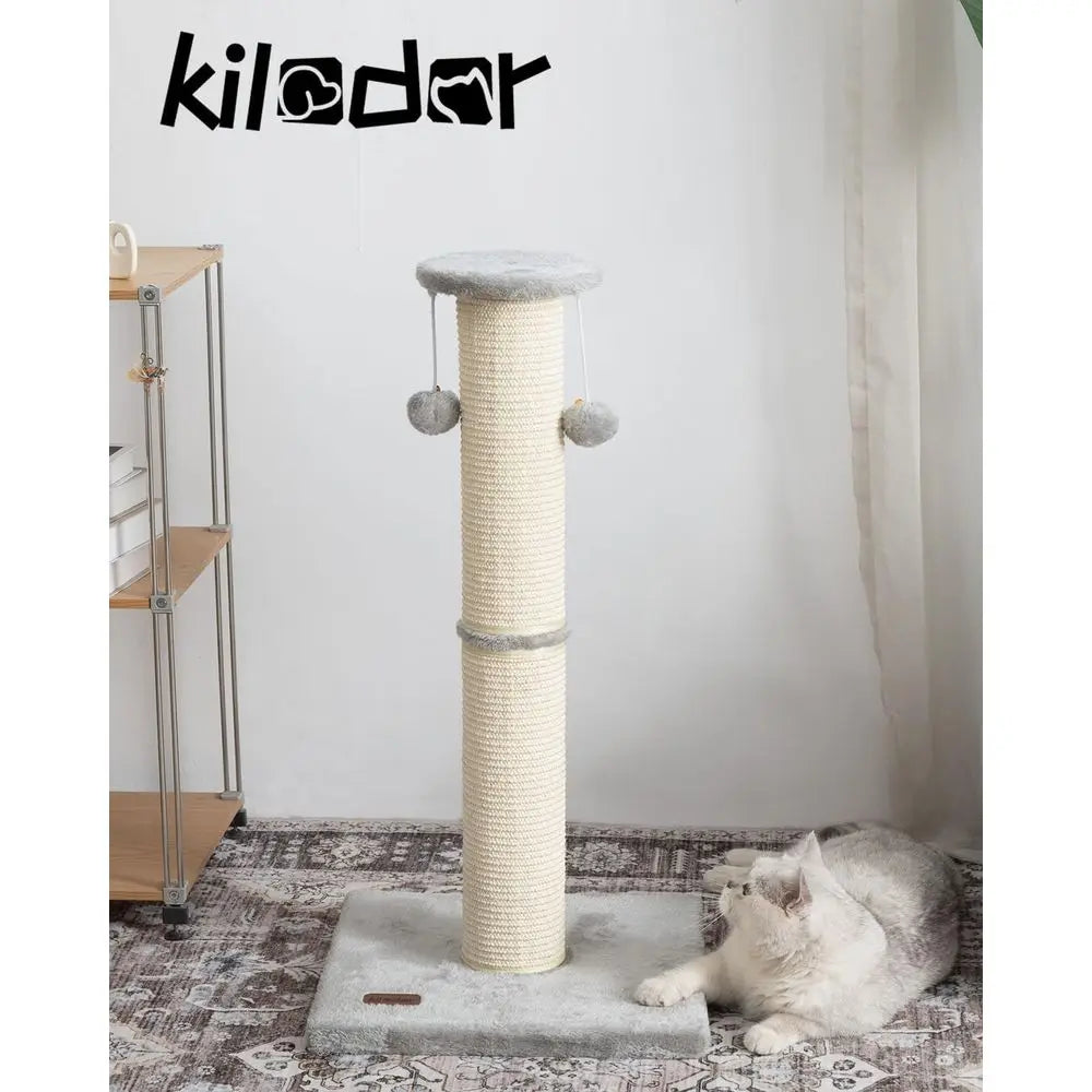 34 Inches Large Sturdy Cat Post with Sisal Scratcher and Hanging Ball Scratching Post for Indoor Cats Adult Grey