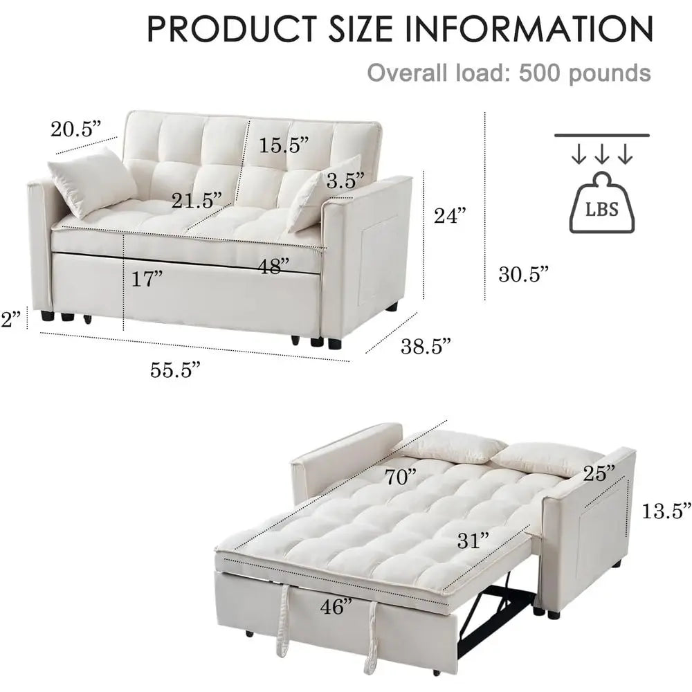Convertible Sleeper Sofa Bed with Velvet Loveseat, Storage and 2 Pillows for Small Spaces, Cream