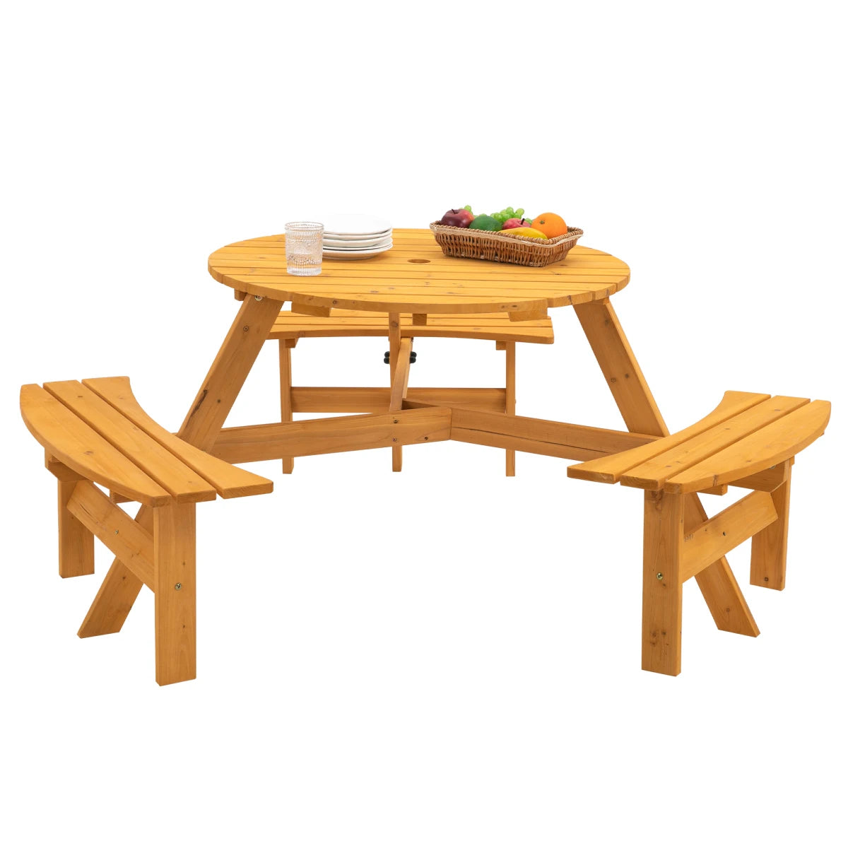 8 Person Wooden Picnic Table, Outdoor Camping Dining Table with Seat, Garden, DIY w/ 4 Built-in Benches, 2220lb Capacity