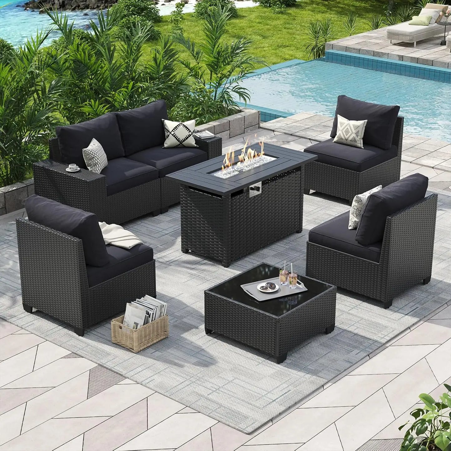 Outdoor Rattan Patio Sectional Set With Integrated Fire Pit Table