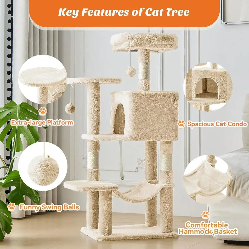 44 Inch Cat Tree Tower, Cat Climbing Tower with Natural Sisal Scratching Posts, Hammock, Pet Condo for Indoor Cats and Kittens P