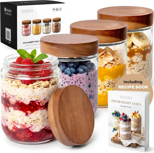 Airtight Glass Meal Prep Jars With Acacia Lids For Oats