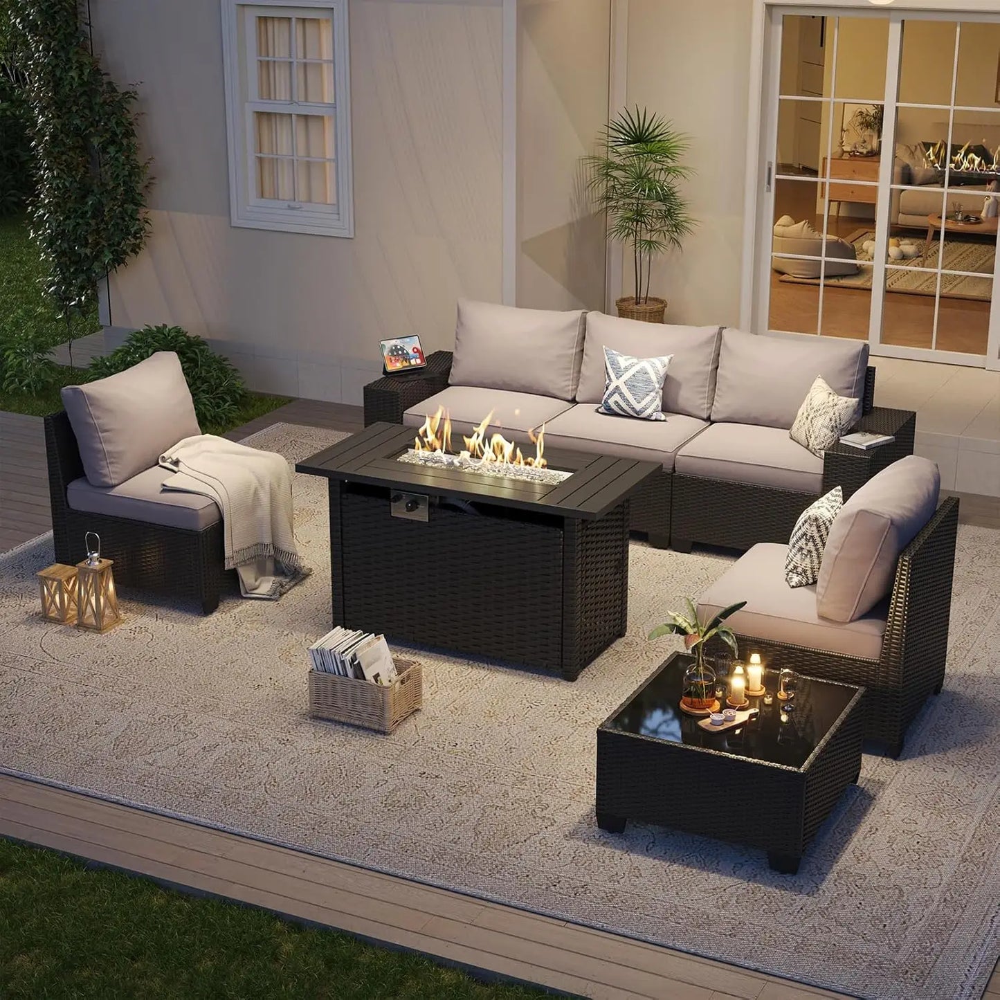 Outdoor Rattan Patio Sectional Set With Integrated Fire Pit Table