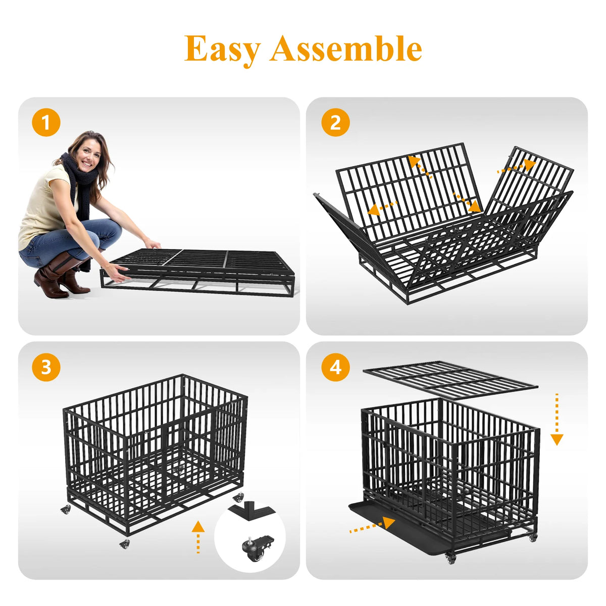 48" Heavy Duty Dog Crate, Escape-Proof Steel Cage for High Anxiety Dogs with Double Doors, Lockable Wheels & Removable Tray, Indoor Outdoor