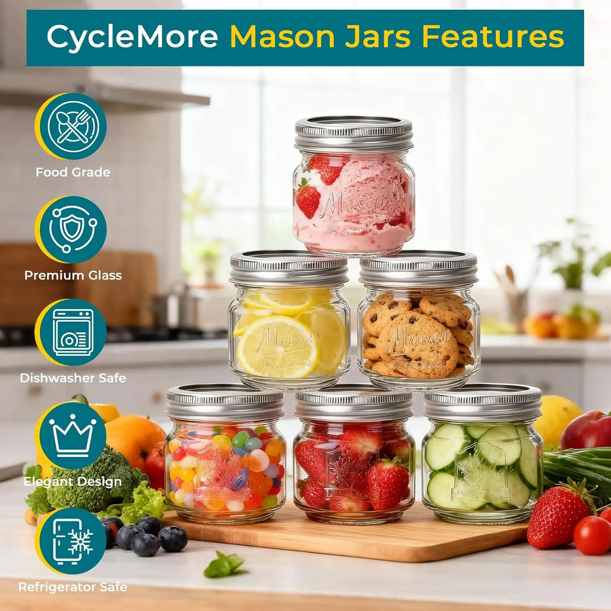 Reusable Embossed Glass Mason Canning Jars With Split Lids