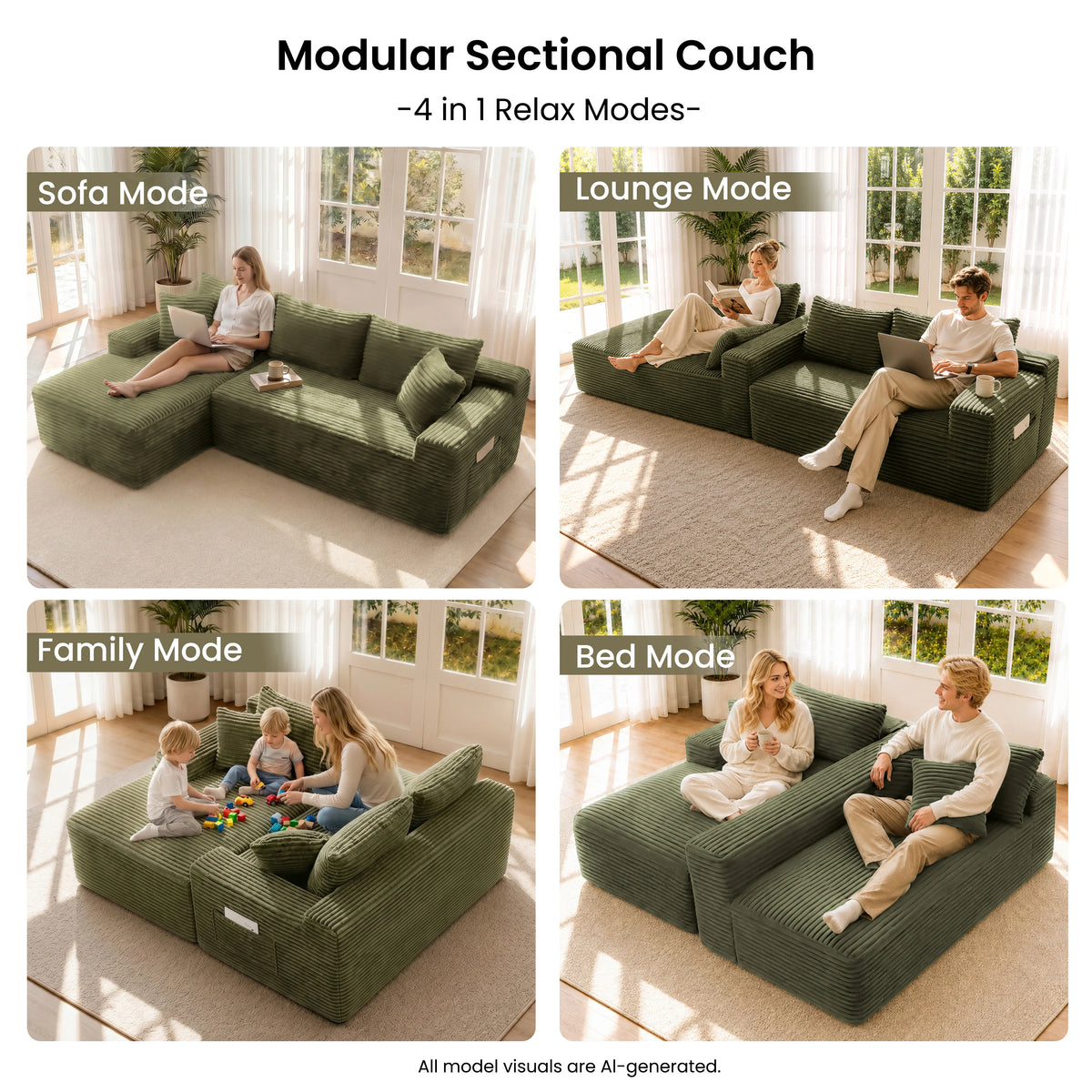 95" Modular Sectional Sofa with Chaise, Deep Seat Corduroy Cloud Couch, No Assembly Modern L Shaped Sofa for Living Room, Oversized Comfortable Lounge Couch Furniture, Space Saving Apartment Sofa, Cozy Home Seating with Remov