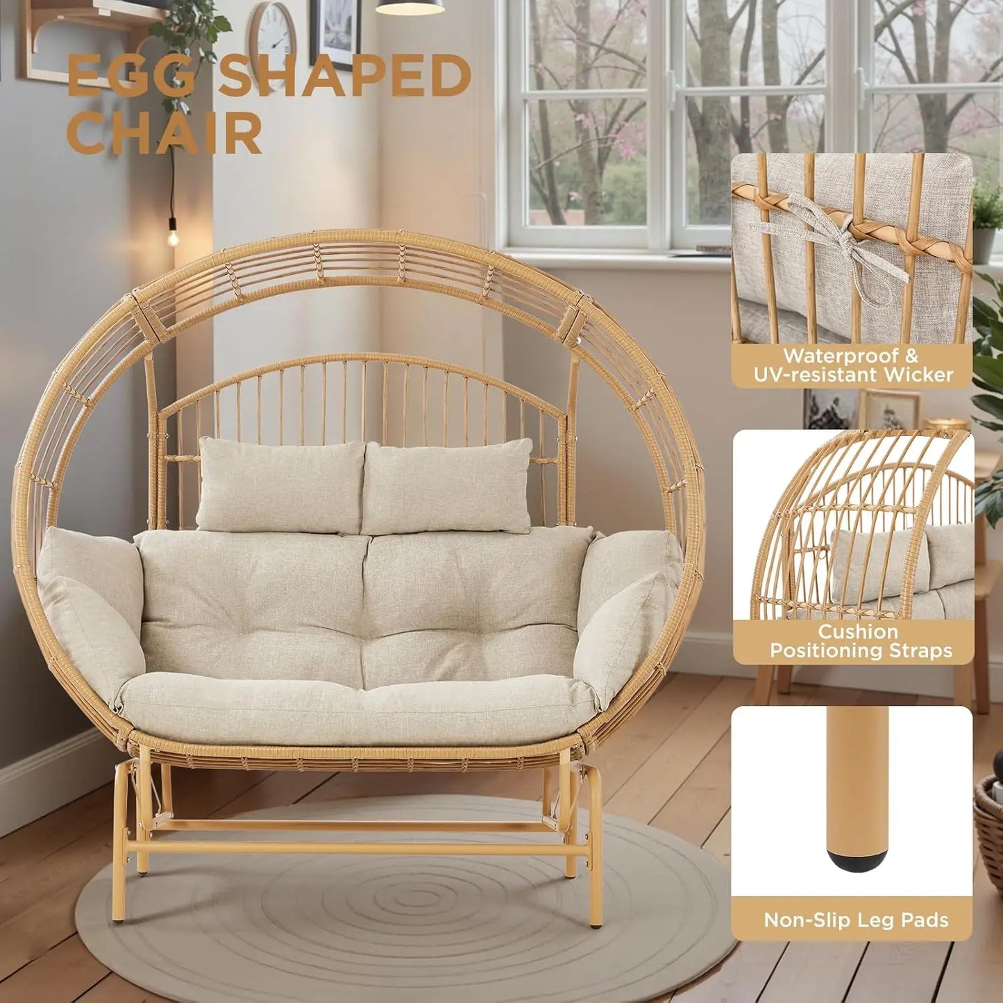 Metal Frame Egg Wicker Loveseat With Cushion Outdoor Rocking Chair