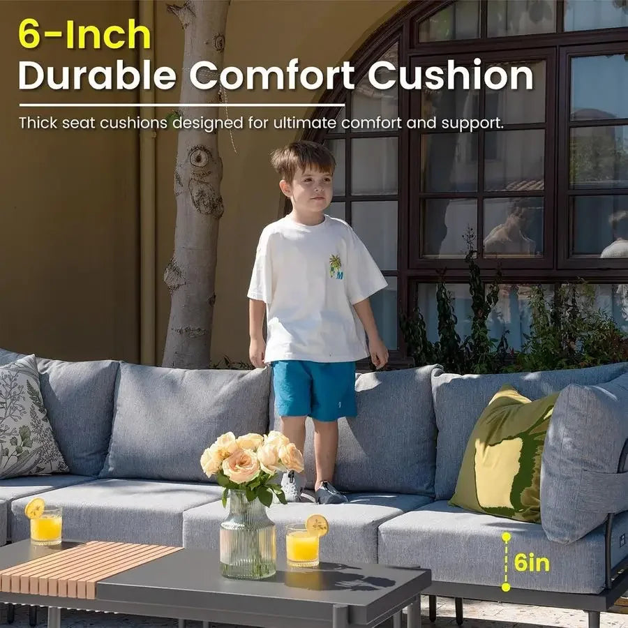 9 Pieces Patio Furniture Set, UShaped Outdoor Sectional Sofa with 6 Inch Olefin Cushion and Coffee Table, Modern Metal Outdoor