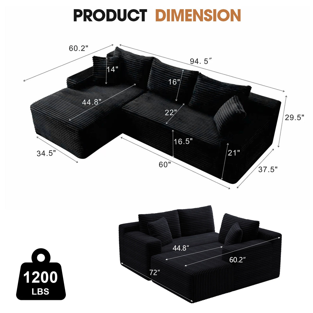 Corduroy Modular Sectional Sofa With Chaise For Living Room Furniture