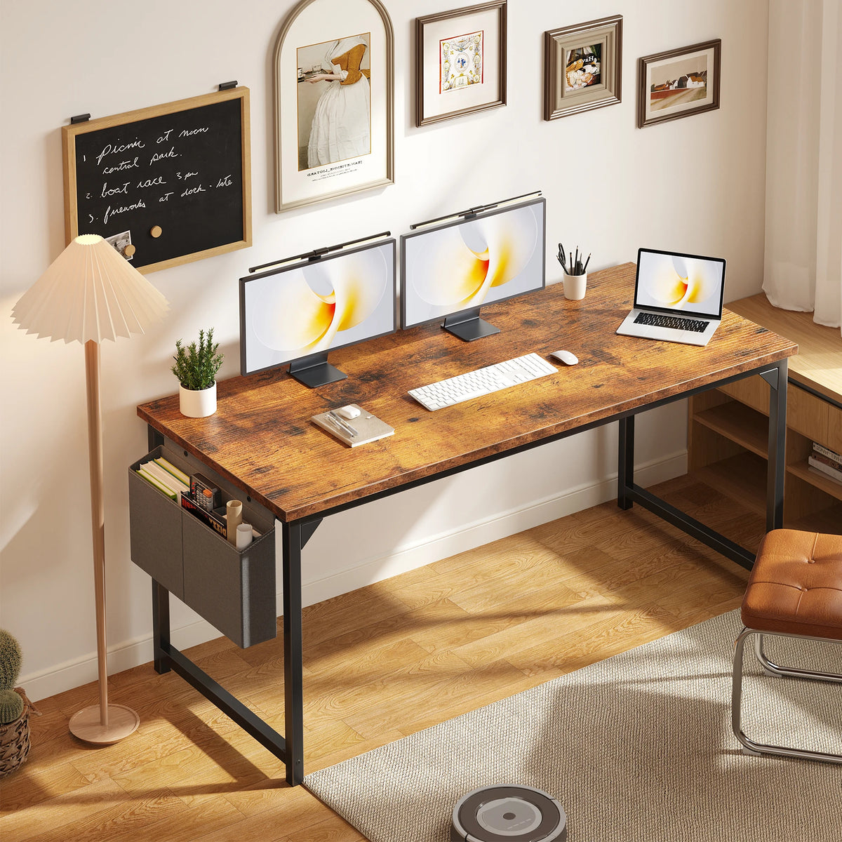 JHK Wooden Computer Desk With Metal Frame And Storage Bag