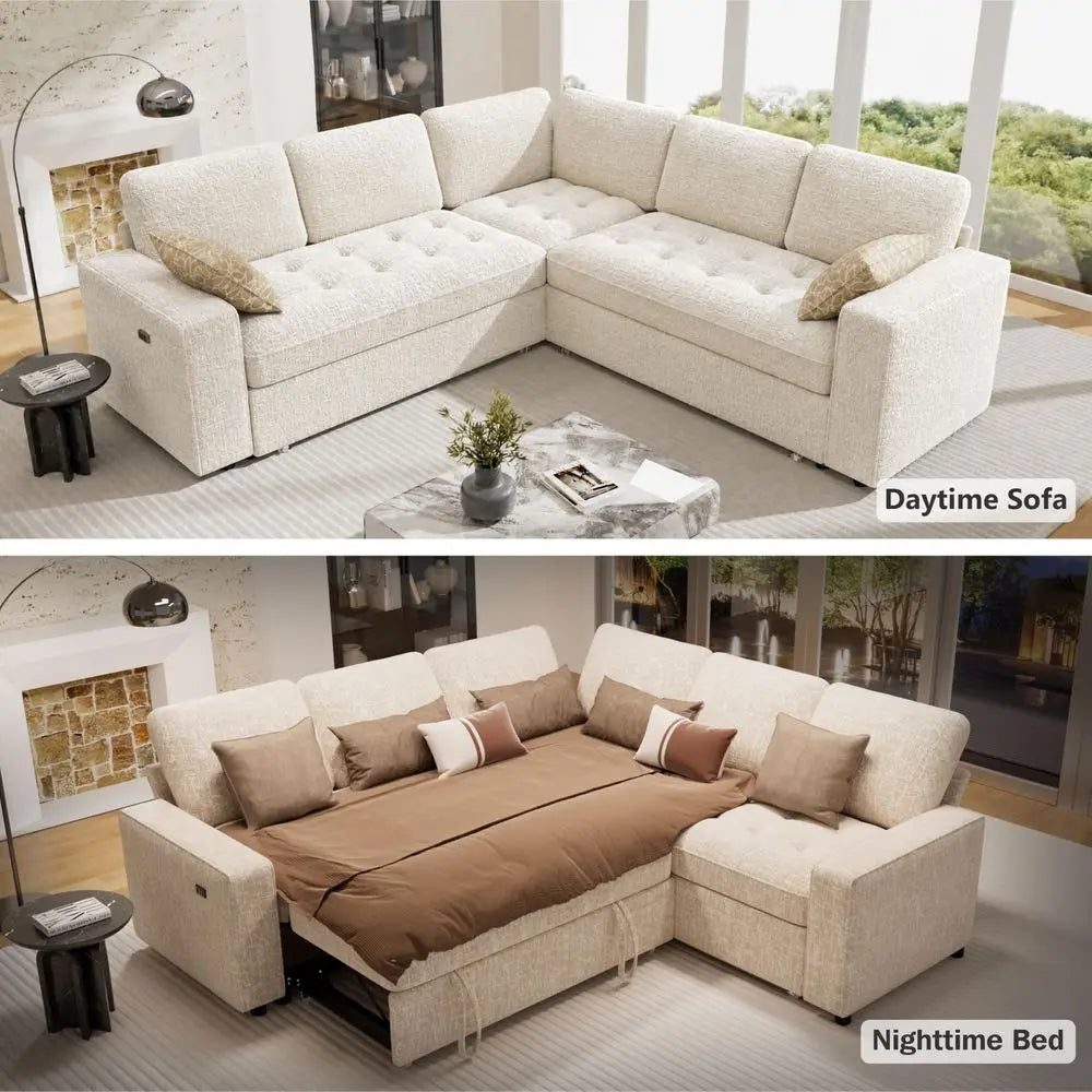 5 Seat L Shaped Modular Sectional Sleeper Sofa Bed with Pull Out Bed Reclining Backrest USB Ports Storage Seat, Sectional Sleep