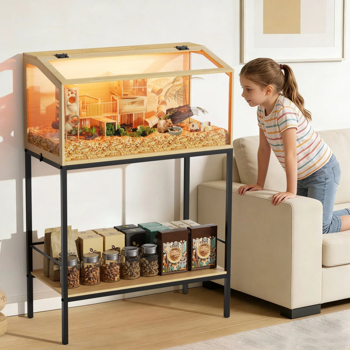 80x39x116cm Wooden Hamster Cage Built-in LED Hamster Habitat with Storage Shelf Tempered Glass Panels for Small Pets Guinea Pigs