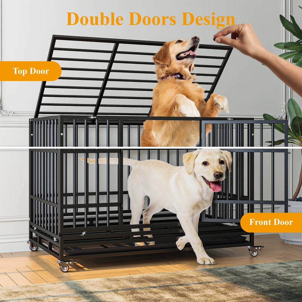 48" Heavy Duty Dog Crate, Escape-Proof Steel Cage for High Anxiety Dogs with Double Doors, Lockable Wheels & Removable Tray, Indoor Outdoor
