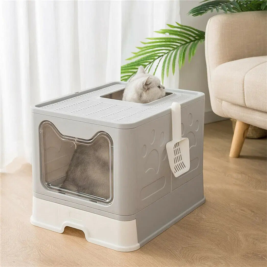 Foldable Hooded Cat Litter Box With Scoop And Storage Drawer