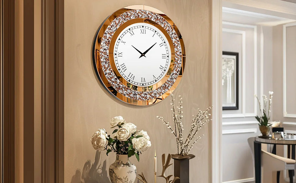 Crystal Mirror Wall Clock With Mute Speaker For Living Room