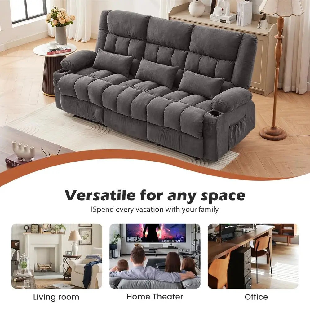 Recliner Sofa with Cup Holders for Living Room 3 Seat Manual Oversized Recliner Chiar with Ergonomic, Side Pocket for Adult