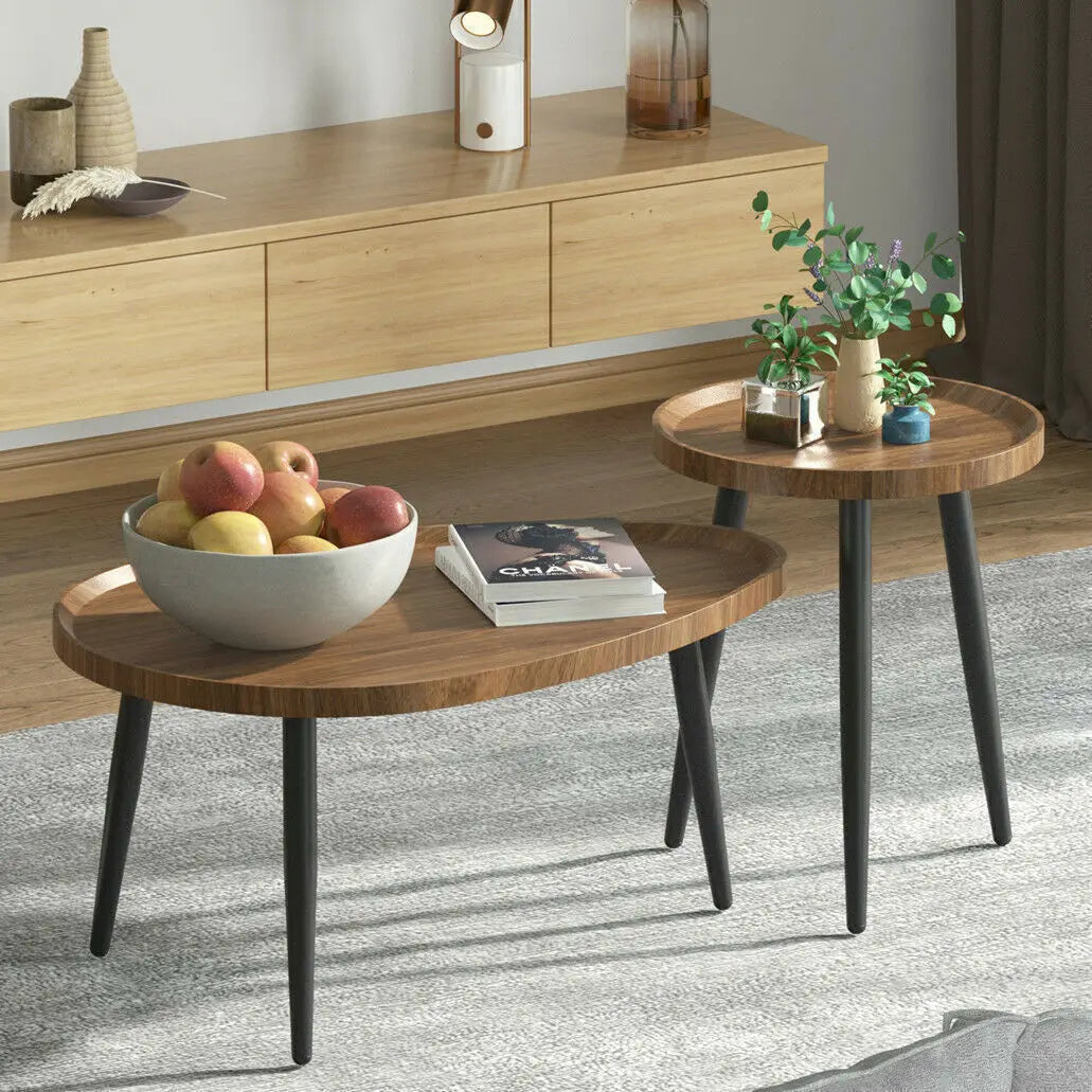 Round Rustic Nesting Coffee Tables Set 2 Wood Top Metal